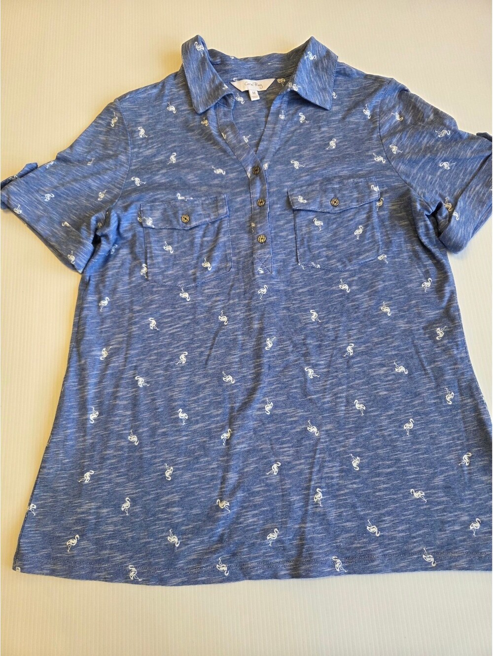 Coral Bay Women's Medium Blue Short Sleeve Polo Shirt with Flamingo Print